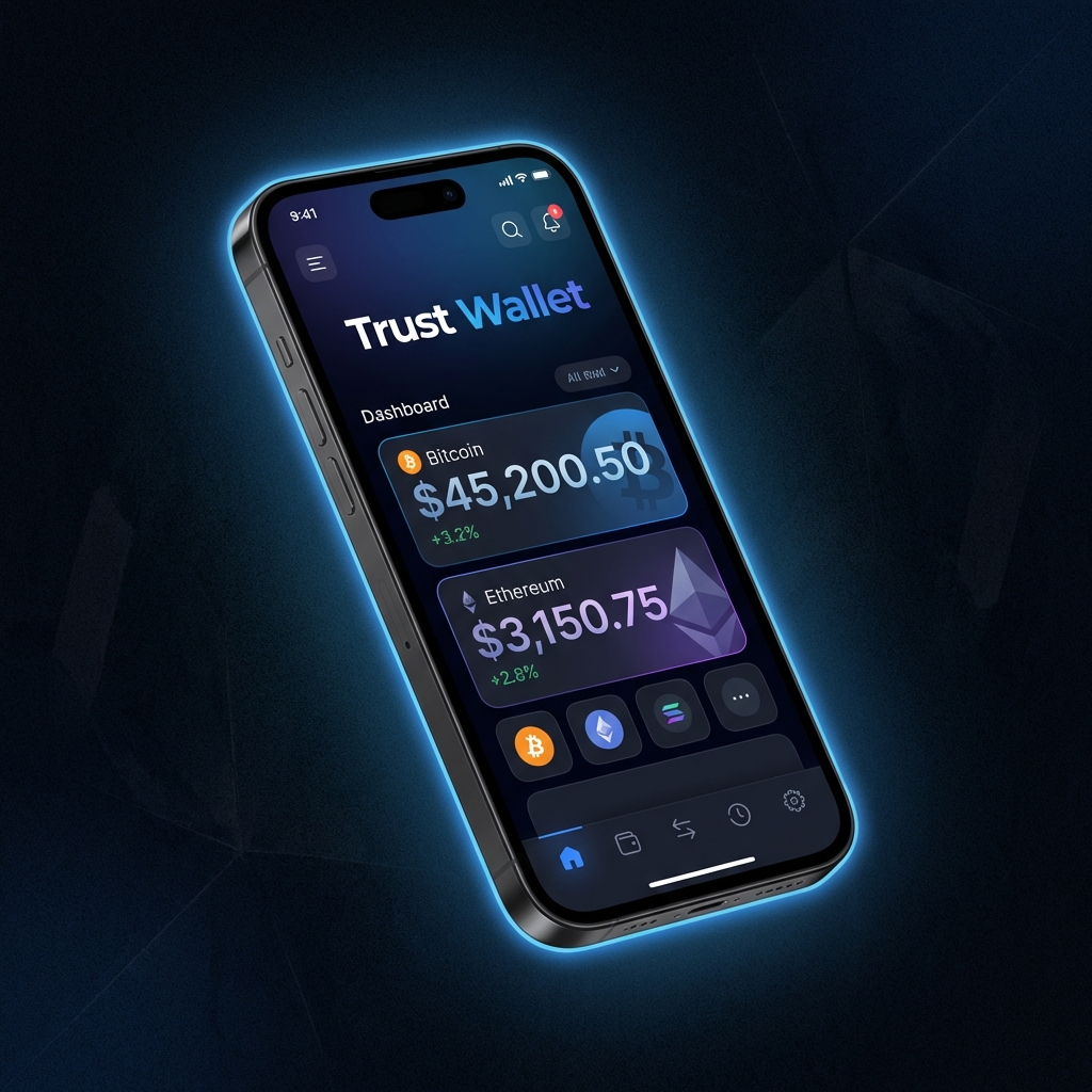 Trust Wallet App Interface showing Bitcoin and Ethereum portfolio